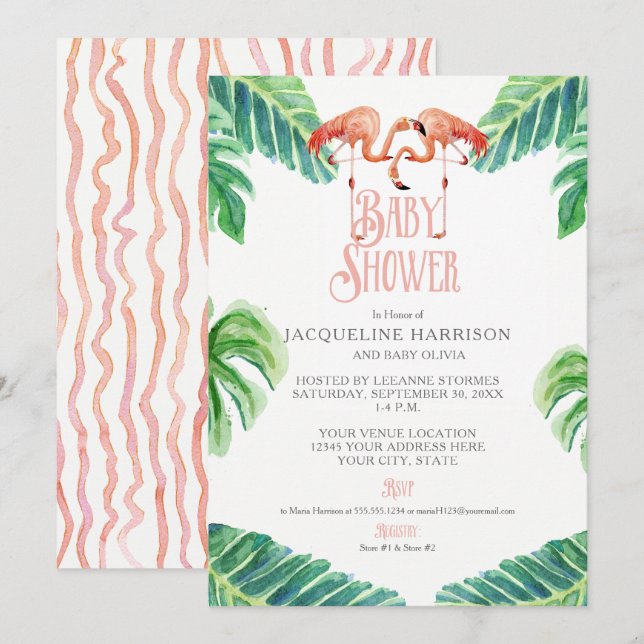 Baby Shower Watercolor Pink Flamingo Leaf Stripe Invitation (Front/Back)
