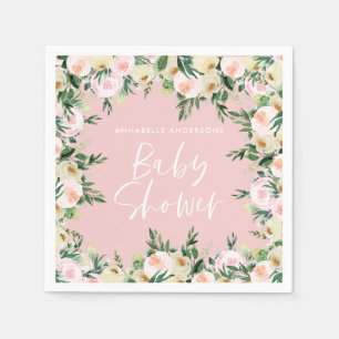 Baby shower watercolor pink floral green girly napkin