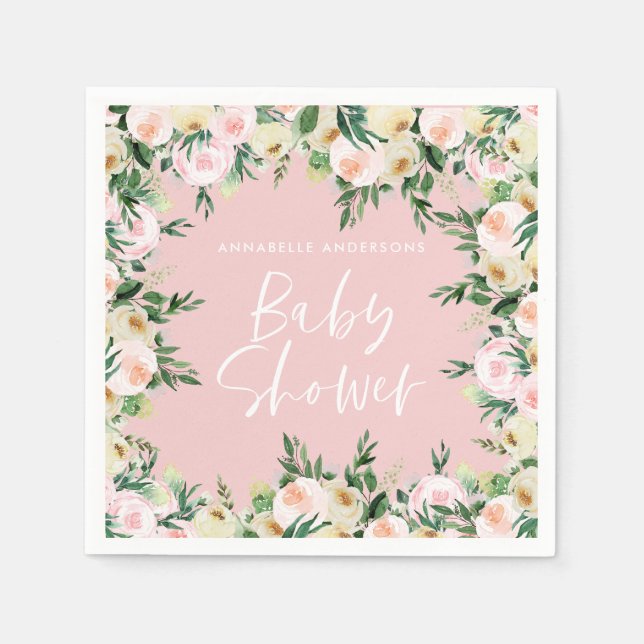 Baby shower watercolor pink floral green girly napkin (Front)