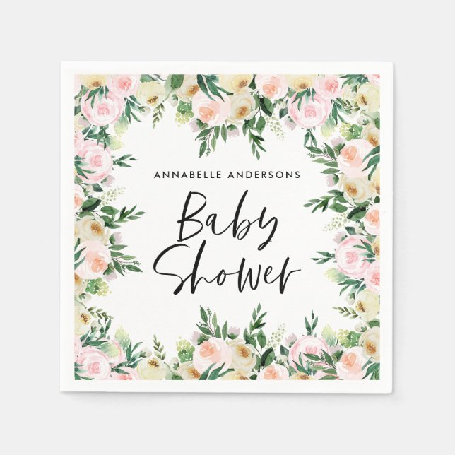 Baby shower watercolor pink girly floral script napkin (Front)