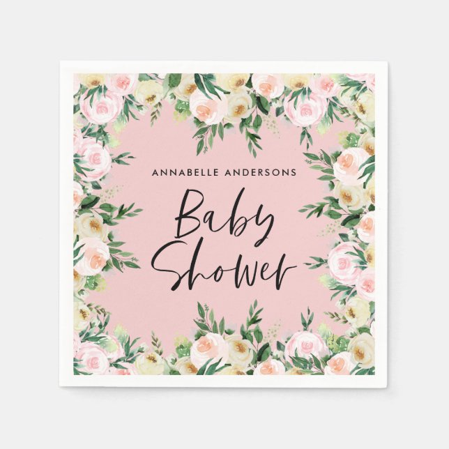 Baby shower watercolor pink girly floral script napkin (Front)