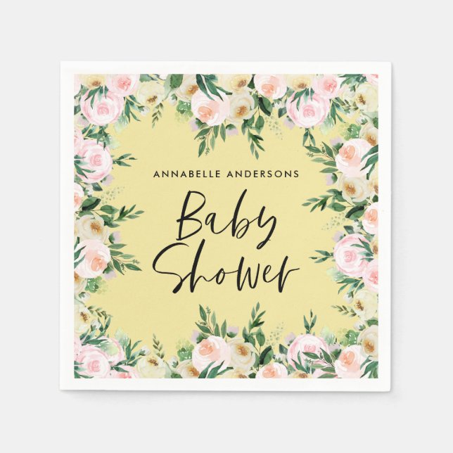 Baby shower watercolor pink girly floral script napkin (Front)
