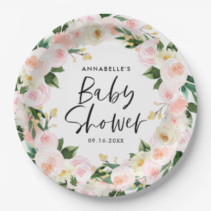 Baby shower watercolor pink girly floral script paper plate