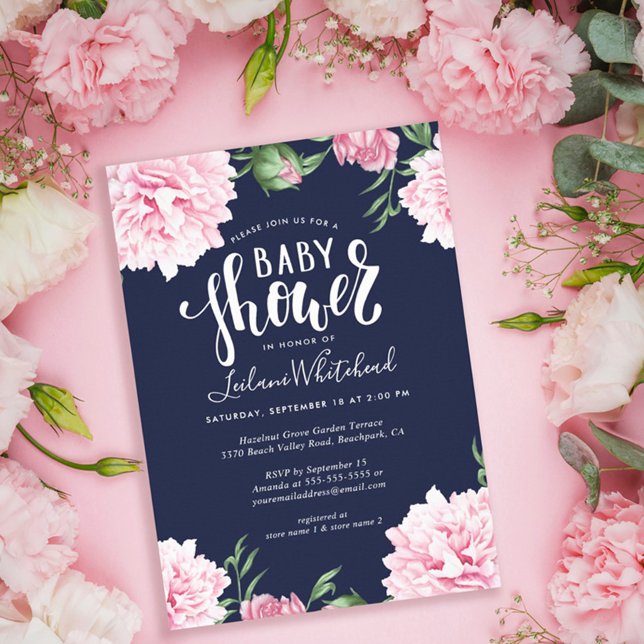  Baby Shower Watercolor Pink Peony Floral Navy Invitation (Creator Uploaded)