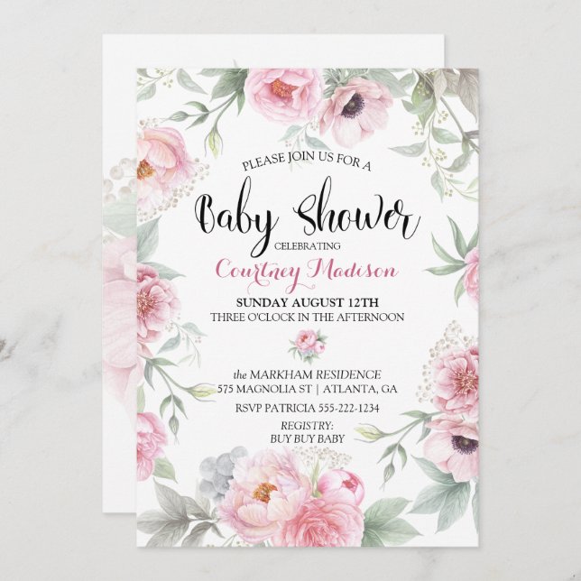 Baby Shower Watercolor Pink Roses Flowers Invitation (Front/Back)