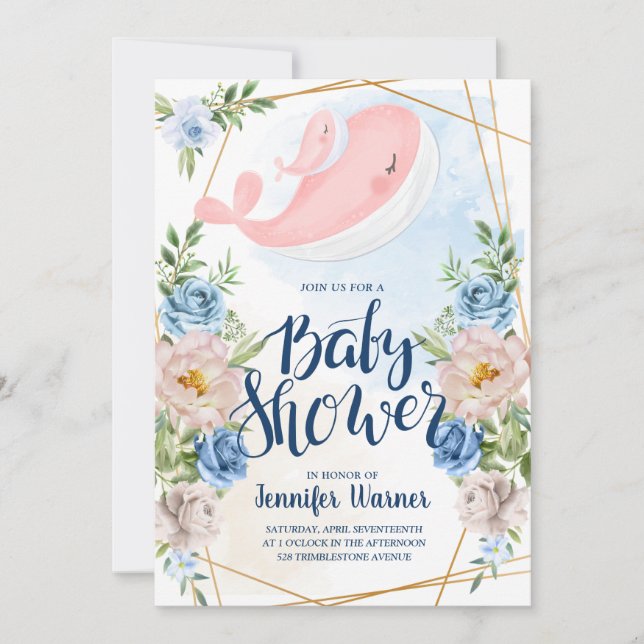 Baby Shower | Watercolor Pink Whale Invitation (Front)