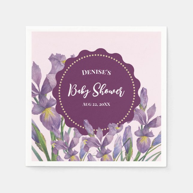 Baby Shower Watercolor Purple Irises Botanical Fav Napkin (Front)