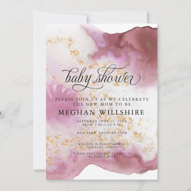 Baby Shower Watercolor Rose Quartz Gold Geode Invitation (Front)