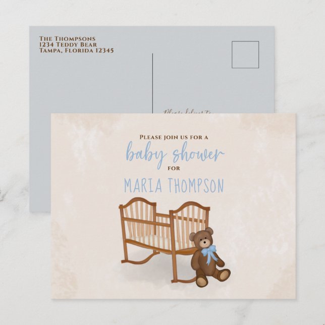 Baby Shower Watercolor Rustic Stuffed Animal Blue Postcard (Front/Back)