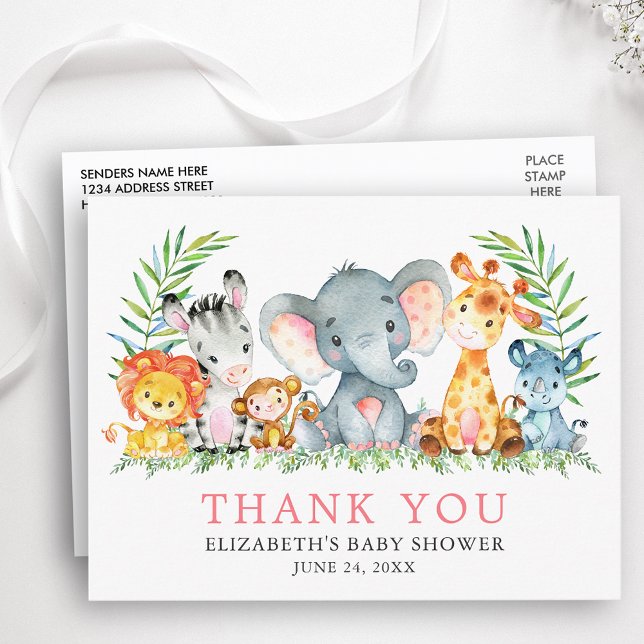 Baby Shower Watercolor Safari Animals Thank You Pk Postcard (Customize to change text size, color or text style.)