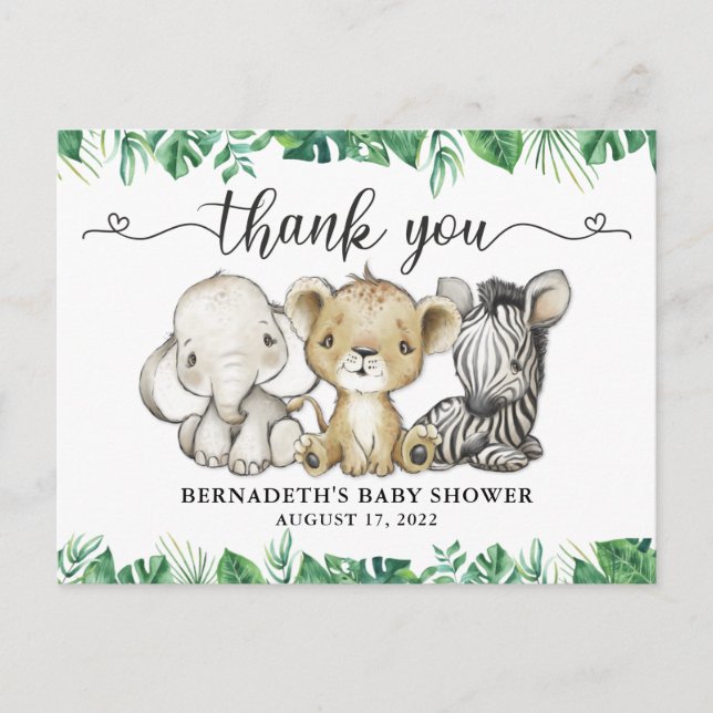 Baby Shower Watercolor Safari Animals Thank You Po Postcard (Front)