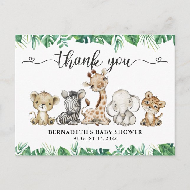 Baby Shower Watercolor Safari Animals Thank You Postcard (Front)
