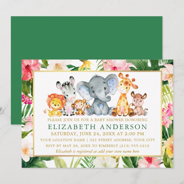 Baby Shower Watercolor Safari Animals Tropical Invitation (Front/Back)