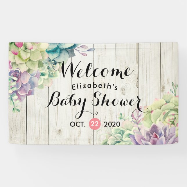 Baby Shower Watercolor Succulent Plants White Wood Banner (Horizontal)