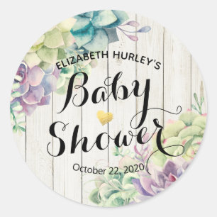 Baby Shower Watercolor Succulent Plants White Wood Classic Round Sticker