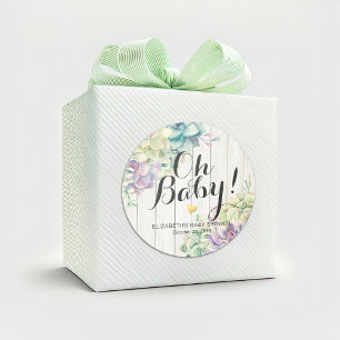 Baby Shower Watercolor Succulent Plants White Wood Classic Round Sticker