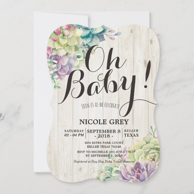 Baby Shower Watercolor Succulent Plants White Wood Invitation (Front)