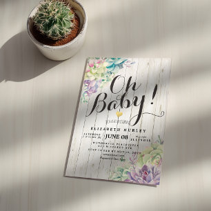 Baby Shower Watercolor Succulent Plants White Wood Invitation