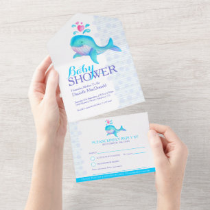 Baby shower watercolor whale blue aqua all in one invitation