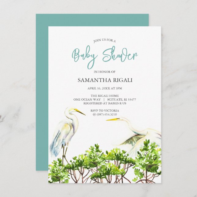 Baby Shower Watercolor White Heron Mangroves Invitation (Front/Back)