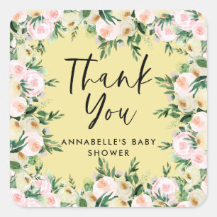 Baby shower watercolor yellow floral thank you square sticker