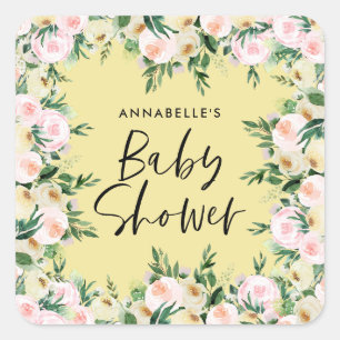 Baby shower watercolor yellow girly floral script square sticker