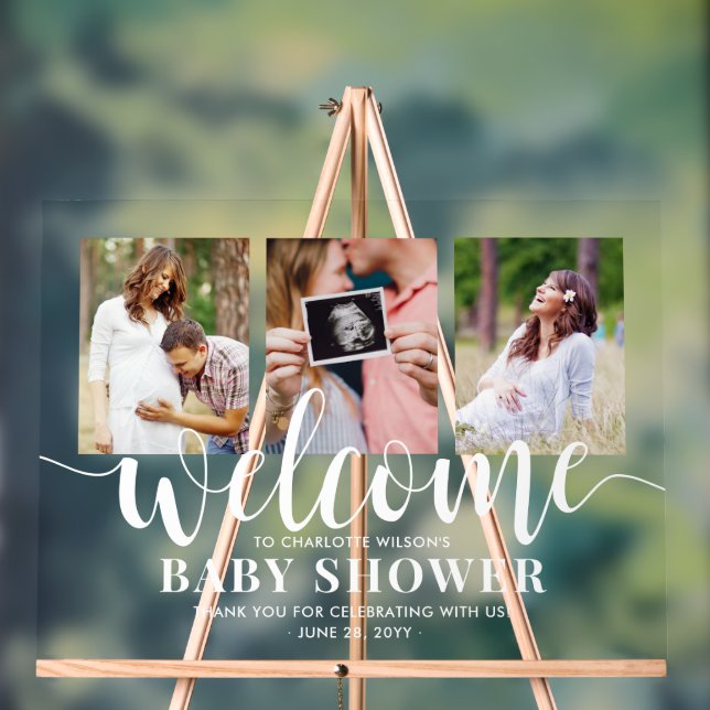 Baby Shower Welcome 3 Photo Collage Modern Script Acrylic Sign (Neutral)