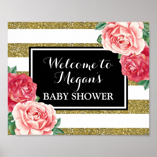 Baby Shower Welcome Black Gold Pink Floral Poster (Front)
