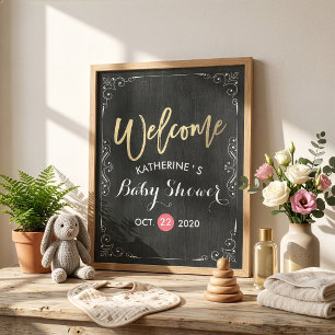 Baby Shower Welcome Black White Floral Chalkboard Poster