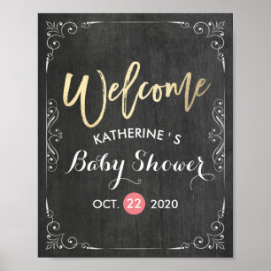 Baby Shower Welcome Black White Floral Chalkboard Poster