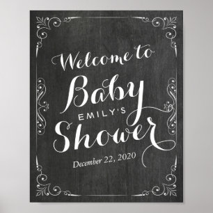 Baby Shower Welcome Black White Floral Chalkboard Poster