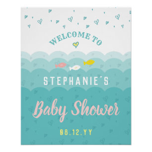 Baby Shower Welcome Cute Ocean Hearts Whimsical Poster