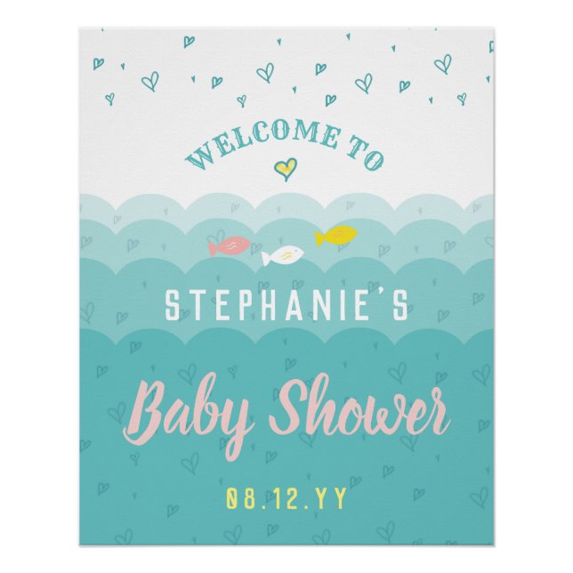 Baby Shower Welcome Cute Ocean Hearts Whimsical Poster (Front)