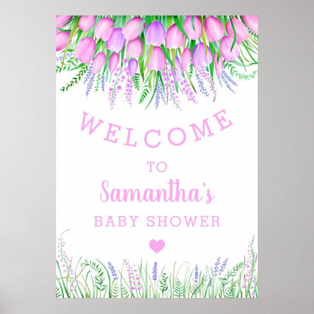 Baby Shower Welcome Floral Lavender Tulip Greenery Poster (Front)
