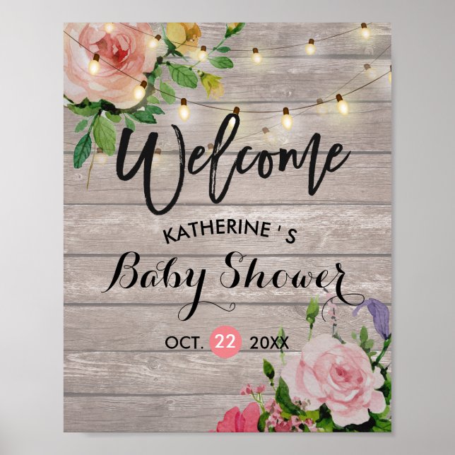 Baby Shower Welcome Floral String Lights Barn Wood Poster (Front)