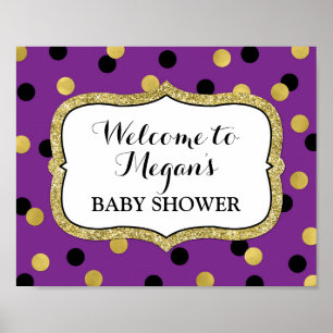Baby Shower Welcome Purple Black Gold Confetti Poster