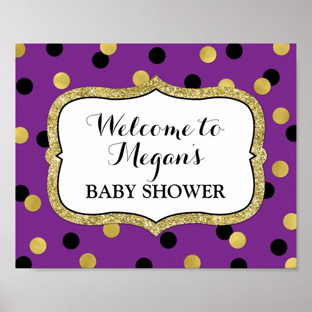 Baby Shower Welcome Purple Black Gold Confetti Poster (Front)