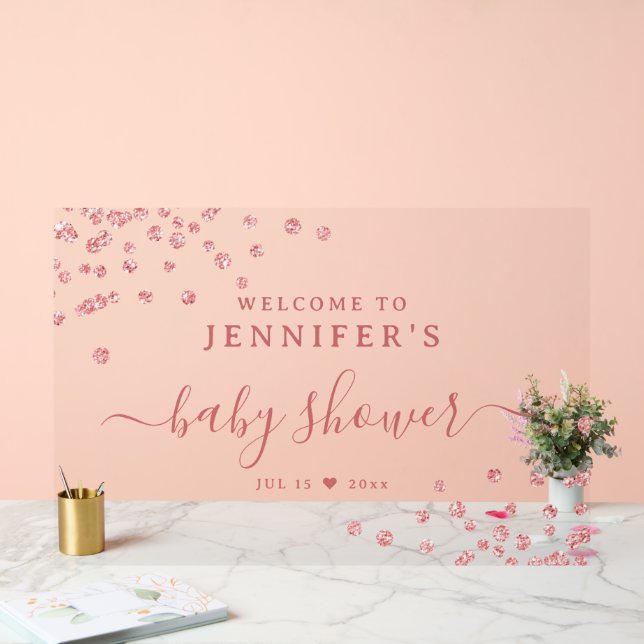 Baby Shower Welcome Rose Gold Glitter Confetti Acrylic Sign (Wedding)