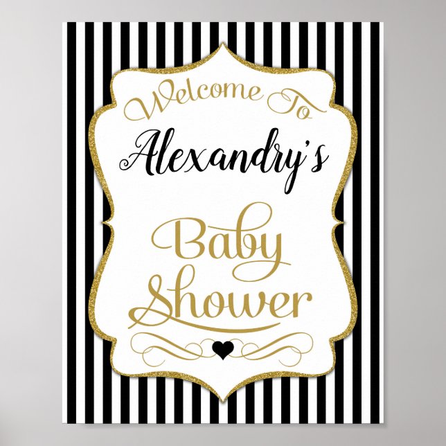 Baby Shower Welcome Sign Black Gold Elegant (Front)
