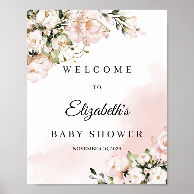 Baby shower welcome sign boho blush pink floral (Front)