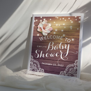 Baby Shower Welcome Sign Floral Lights Wood Lace