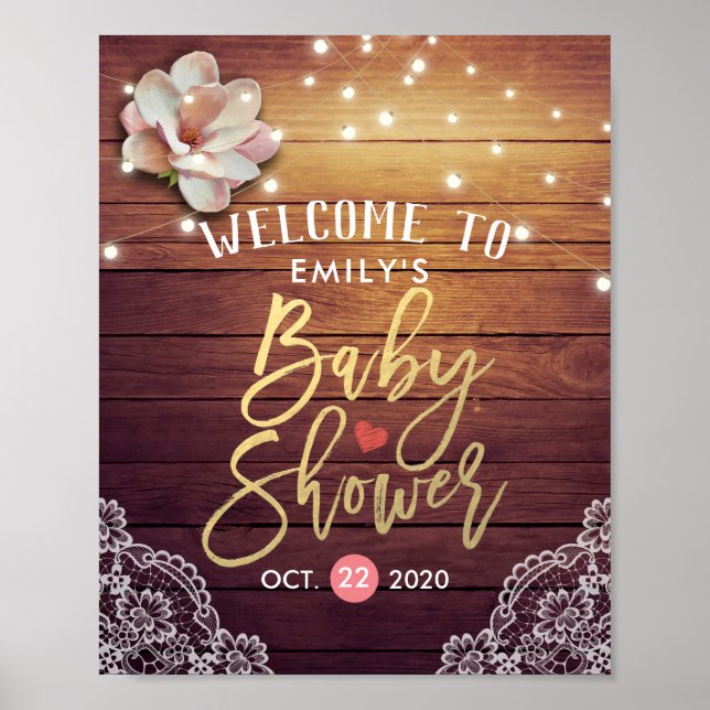 Baby Shower Welcome Sign Floral Lights Wood Lace (Front)
