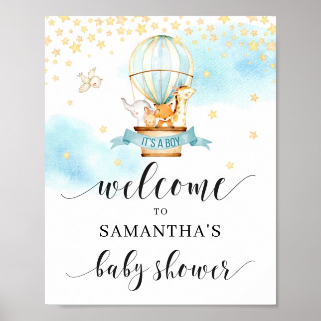 Baby Shower welcome sign hot air balloon animals (Front)