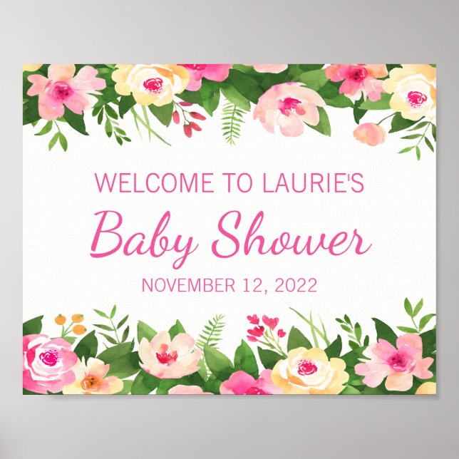 Baby Shower Welcome Sign Pink and Green Floral (Front)