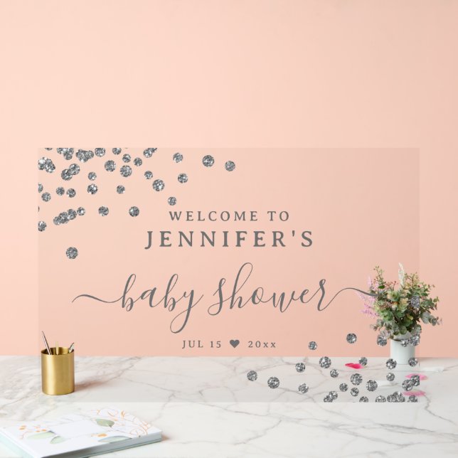 Baby Shower Welcome Silver Glitter Confetti Acrylic Sign (Wedding)
