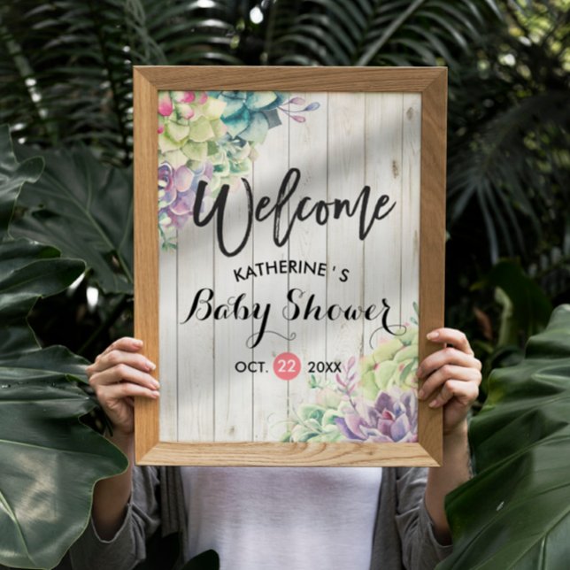 Baby Shower Welcome Succulent Plants Rustic Wood Poster (Creator Uploaded)