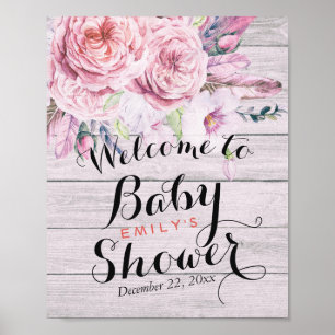 Baby Shower Welcome Watercolor Floral Rustic Wood Poster