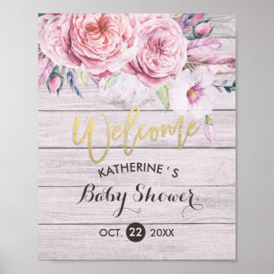 Baby Shower Welcome Watercolor Floral Rustic Wood Poster