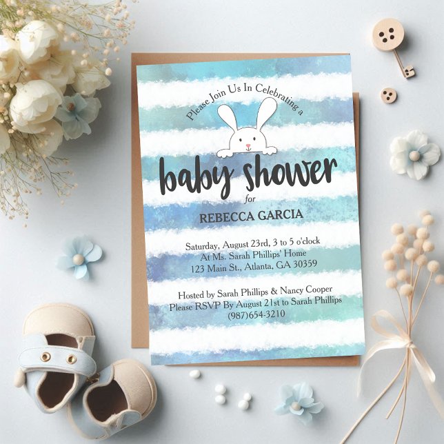 Baby Shower White Bunny Blue White Stripe Invitation (Creator Uploaded)