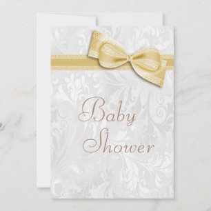Baby Shower White Damask and Faux  Bow Invitation